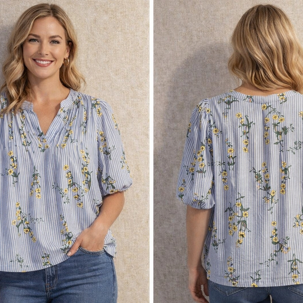 Nautica Jeans Blue Stripe Floral Puff Sleeve Blouse – Women’s Size Medium